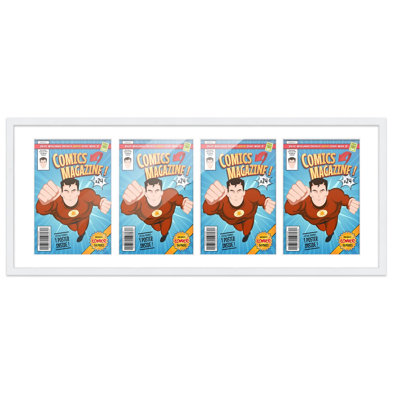Comic Book Frame with Mat for 4 Golden Age Comics Published Between 1938 and 1956 - White Wood Comic Frame With White Mat for 7.75x10.5 Comics - 37.5x14 Frame Size